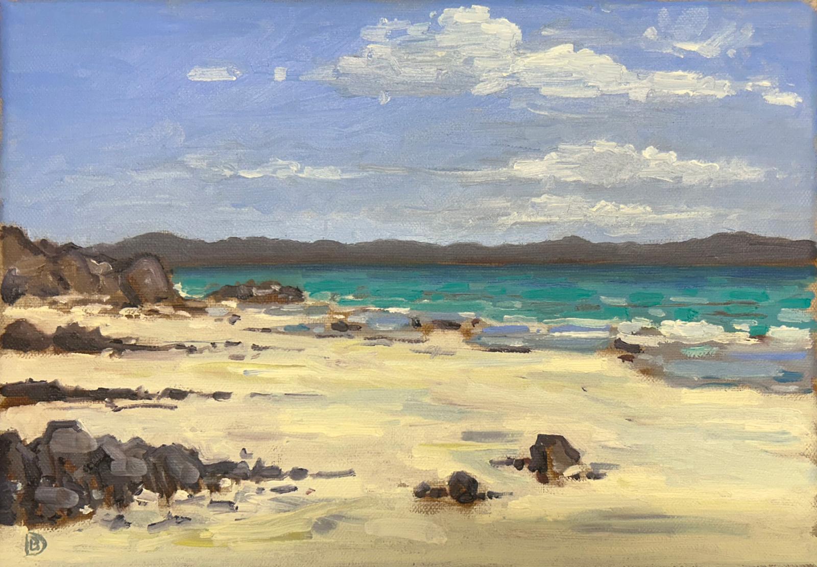 an oil painting of the beach looking over to iona