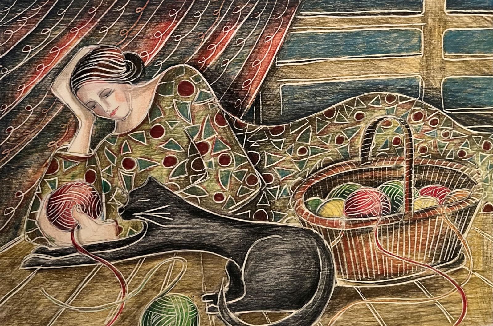 a counter drawing of a lady lying down with a cat and balls of wool