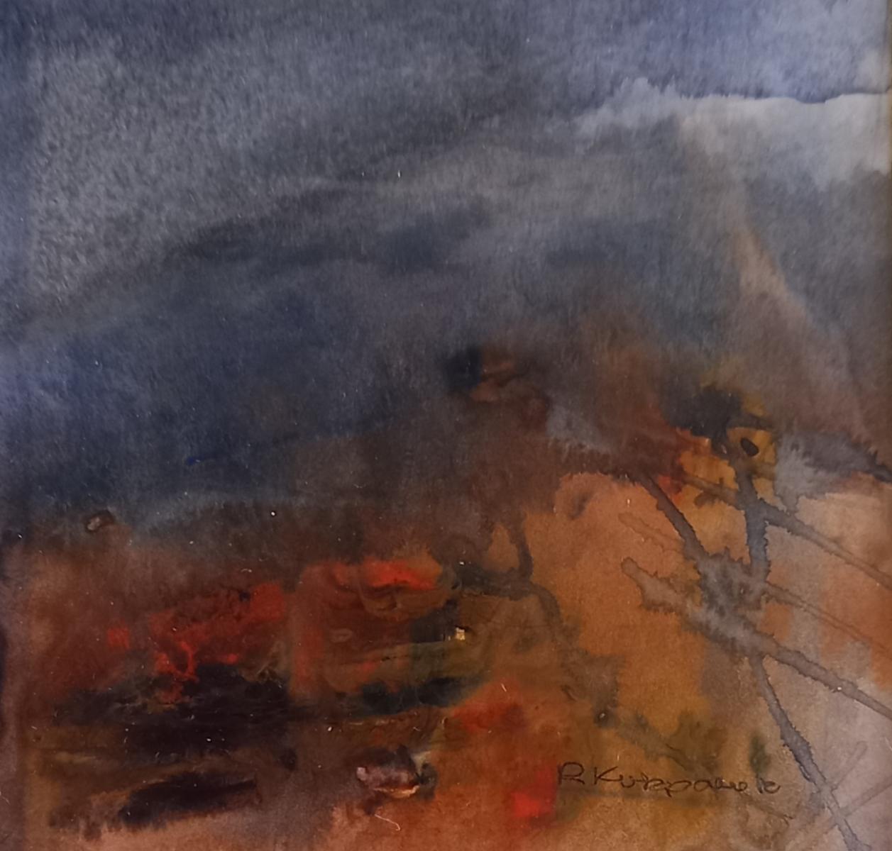 a small dark landscape painting with a dark sky