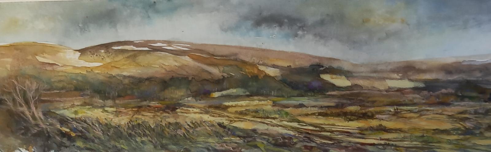 a mixed media painting of a long thin landscape