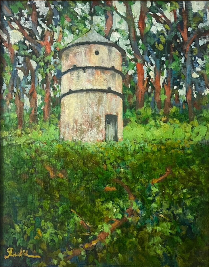 an oil painting of an old dovecote in the landscape