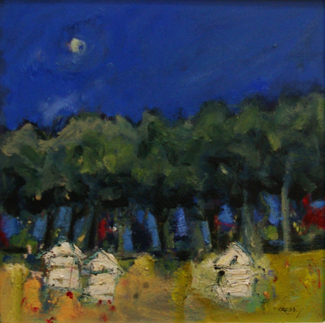 an oil painting of a group of beehives with trees in the background