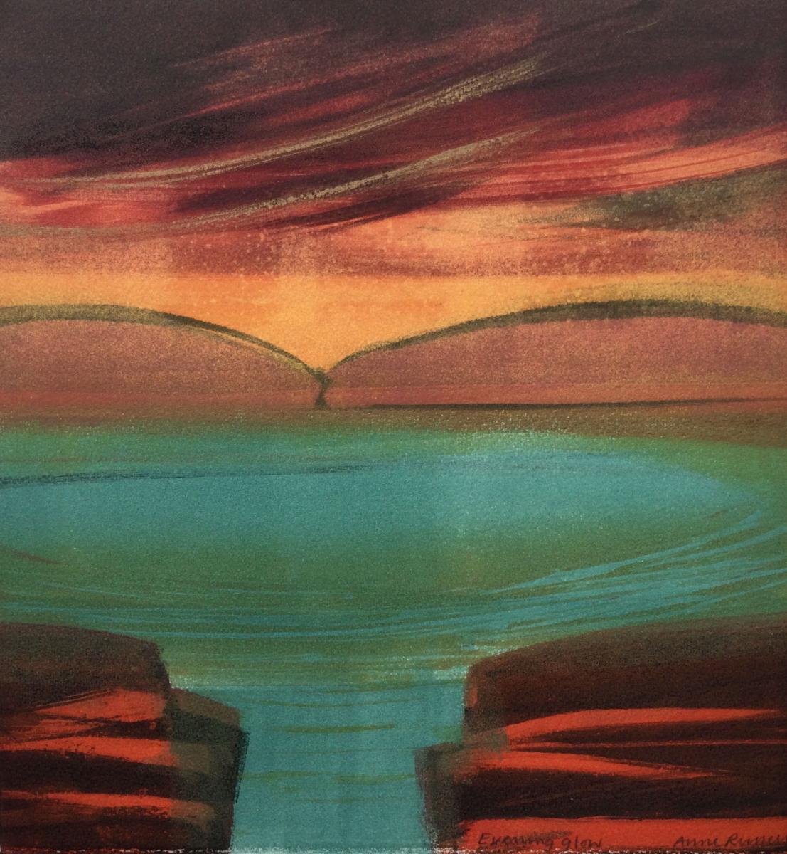 a monoprint of water and hills in a sunset