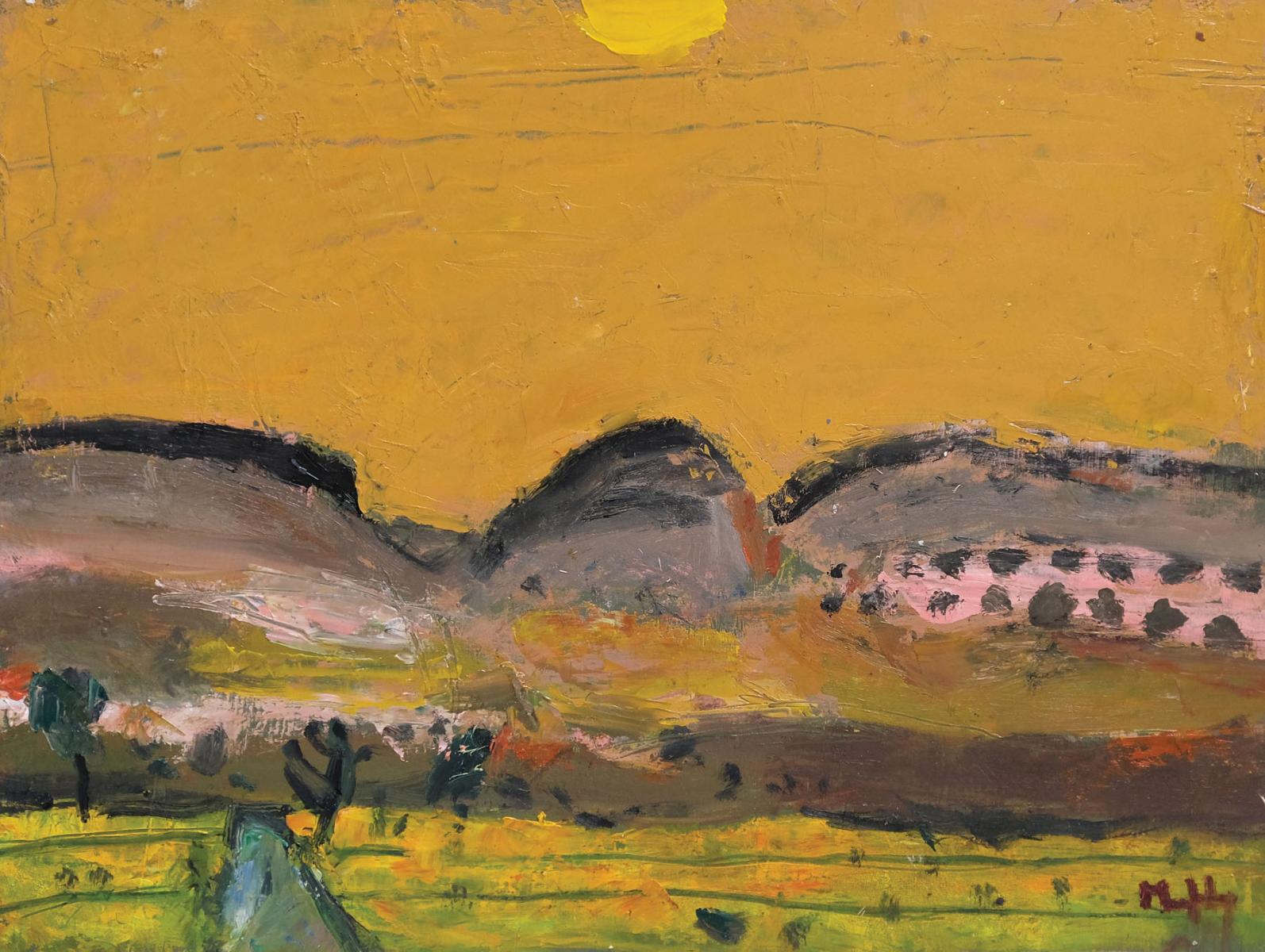 a semi abstract landscape painting with an orange sky.