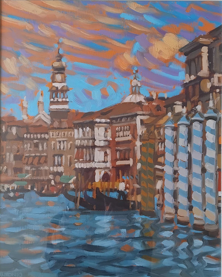 an oil painting of a canal in Venice with Buildings
