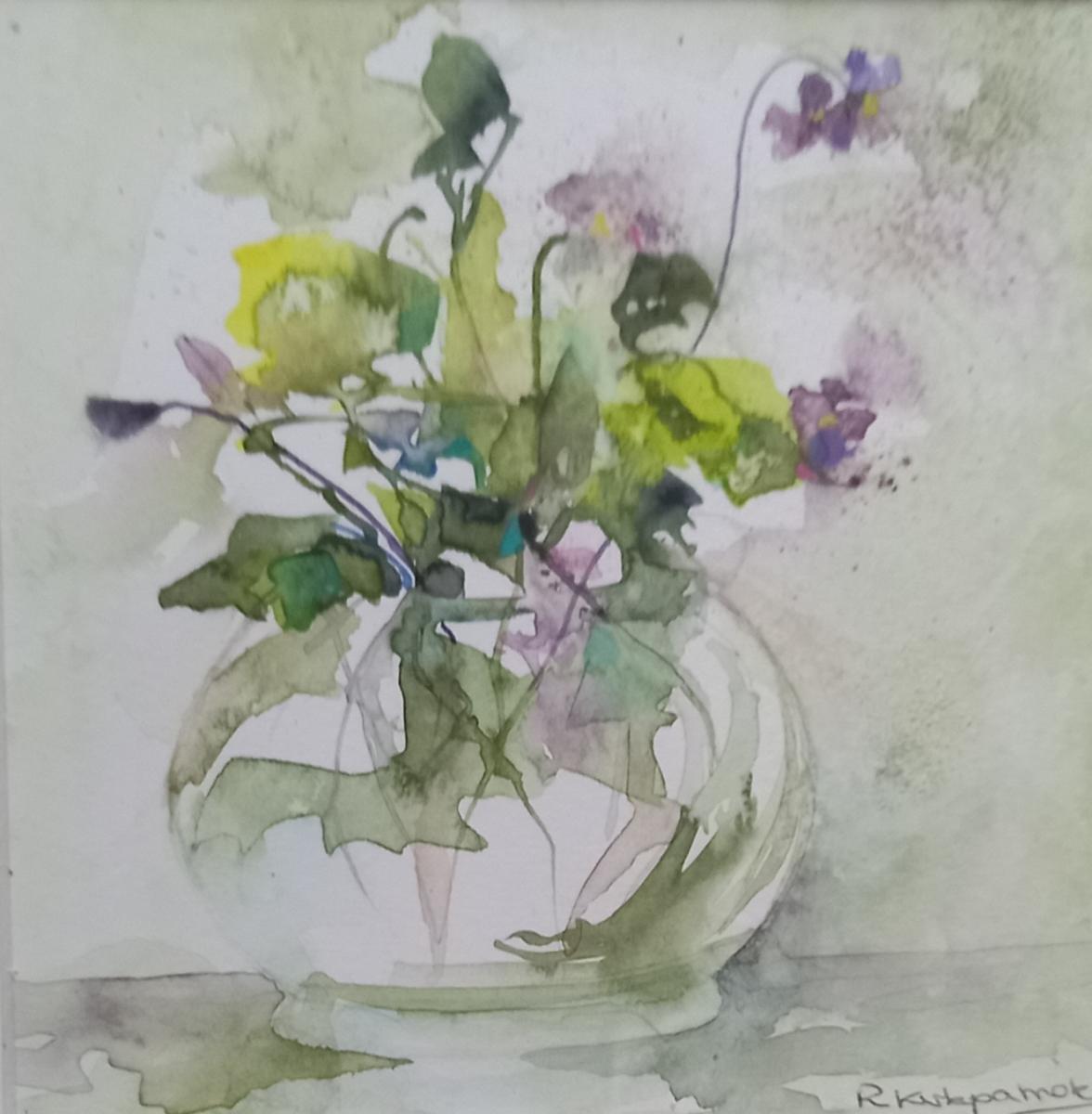 a mixed media painting of violets in a glass vase