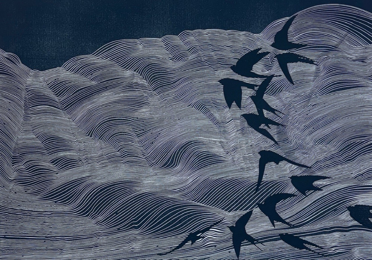 a linocut of swallows in the clouds