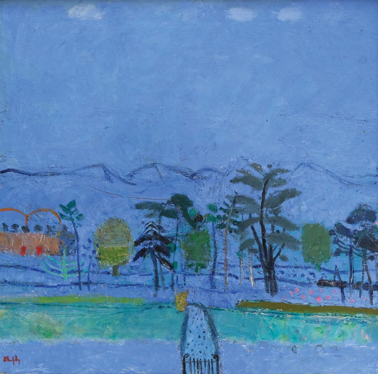 a semi abstract landscape painting in blue.