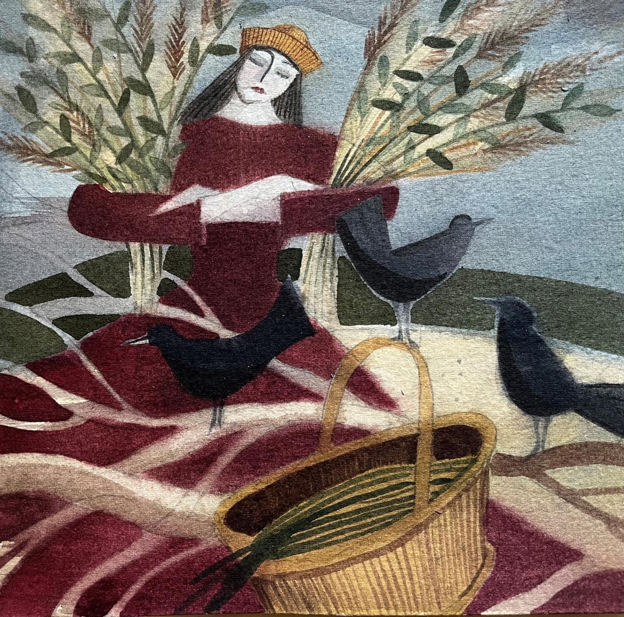 a Watercolour of a woman holding bunches of grasses