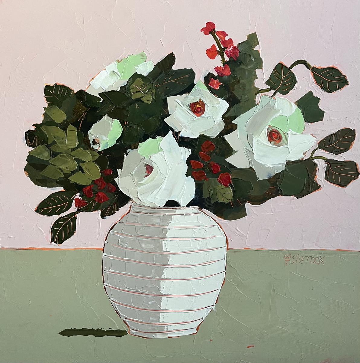 a painting of white roses in a white vase