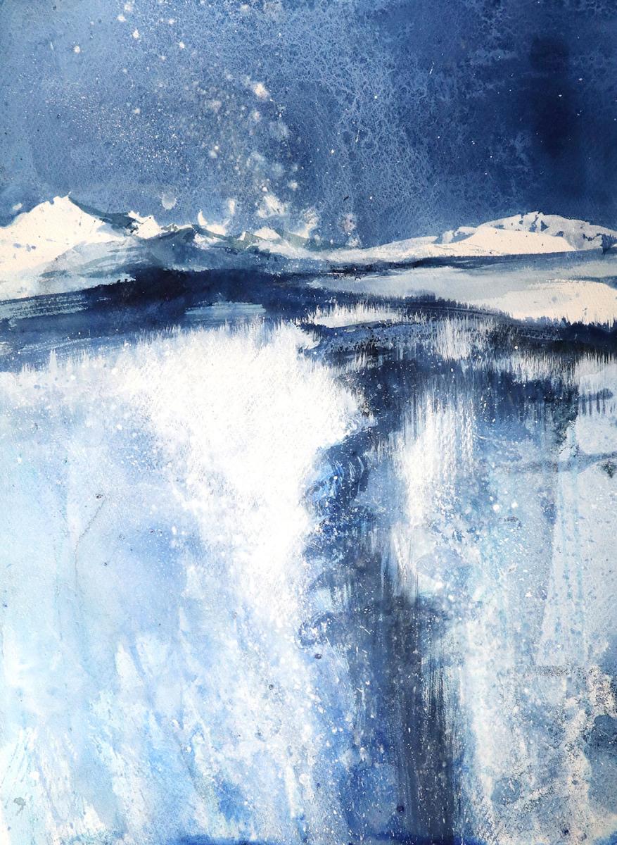 a painting of a snowy landscape at night