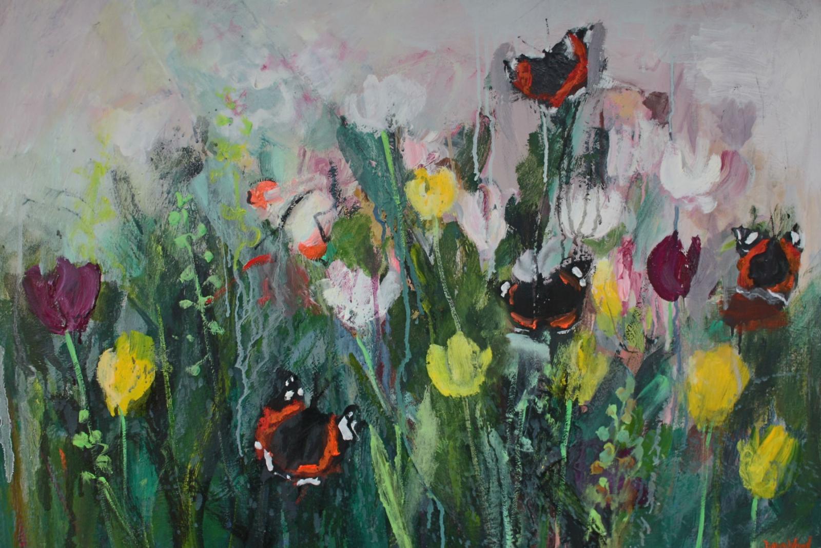 a painting of butterflies amongst flowers