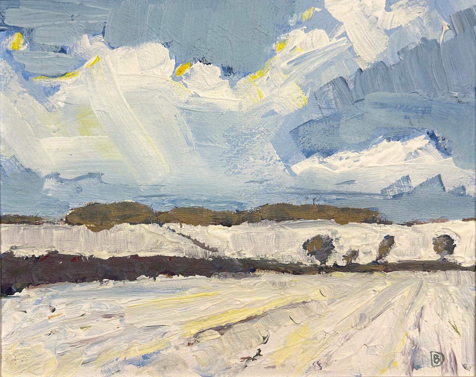 a small oil painting of snow covered fields