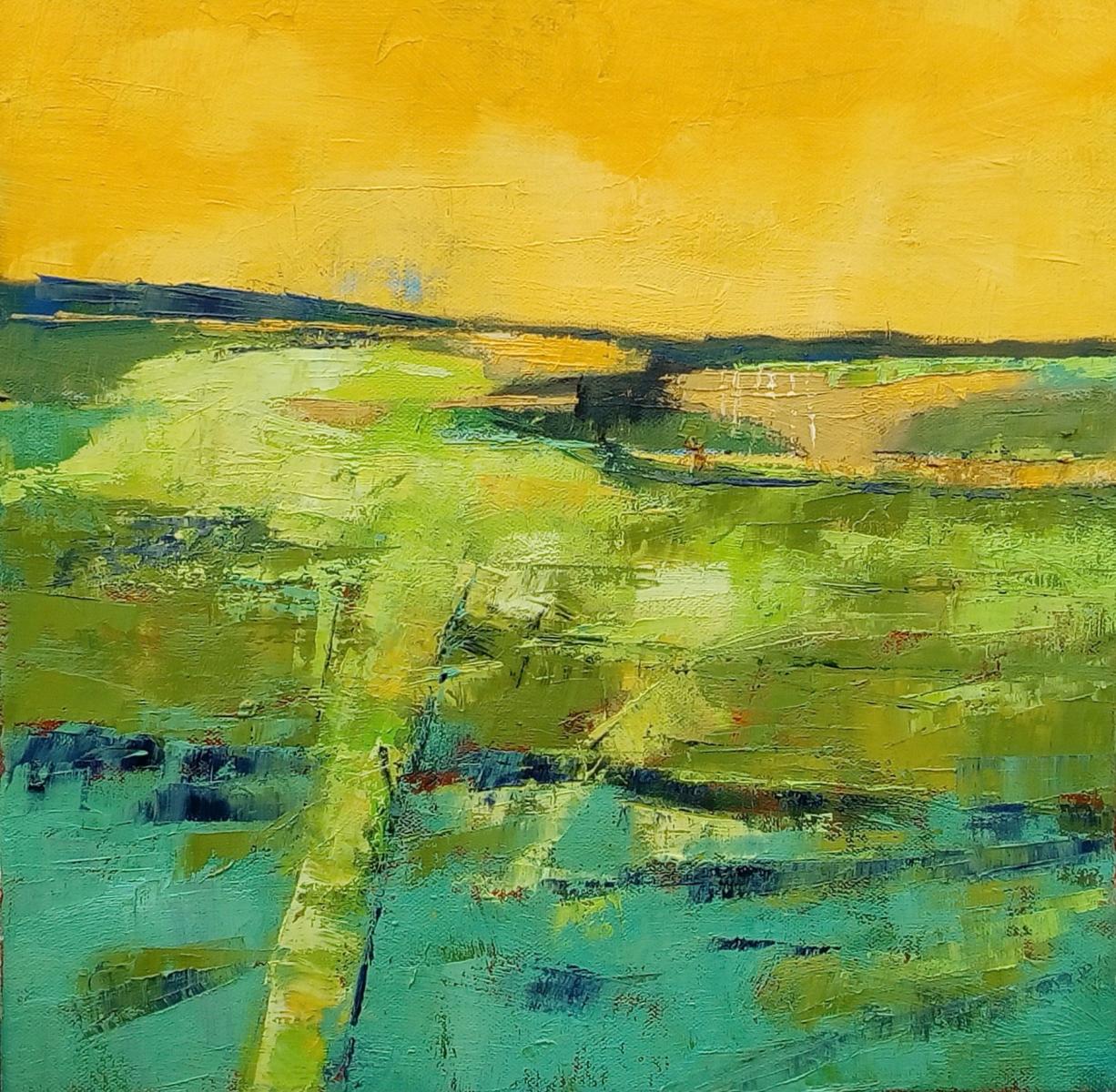 an oil painting of green fields and a yellow sky