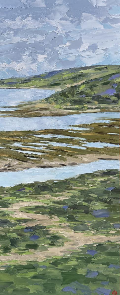 a tall thin oil painting of landscape with rivers