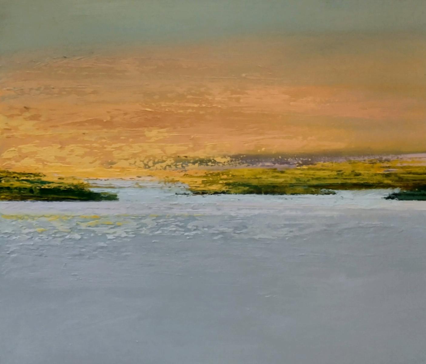 a semi abstract painting of grey water and an orange sky