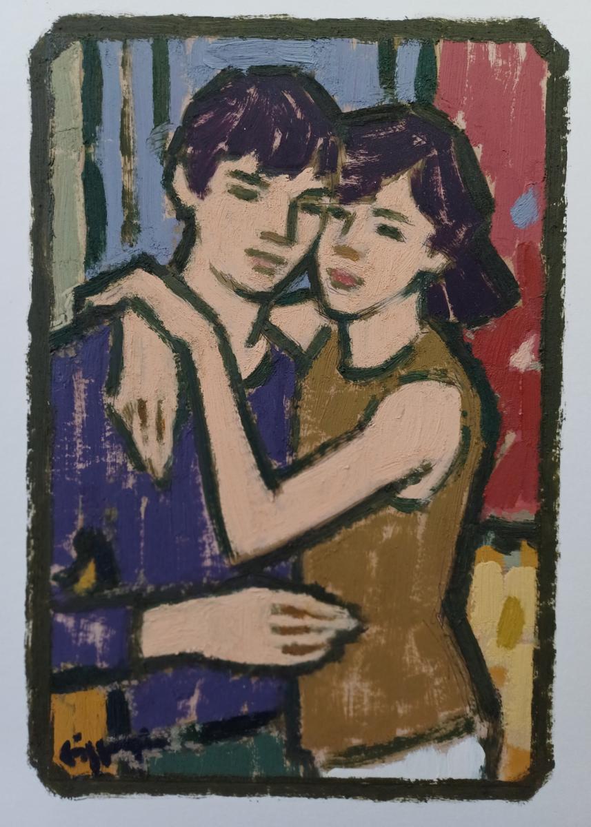an oil painting of a boy and a girl holding each other