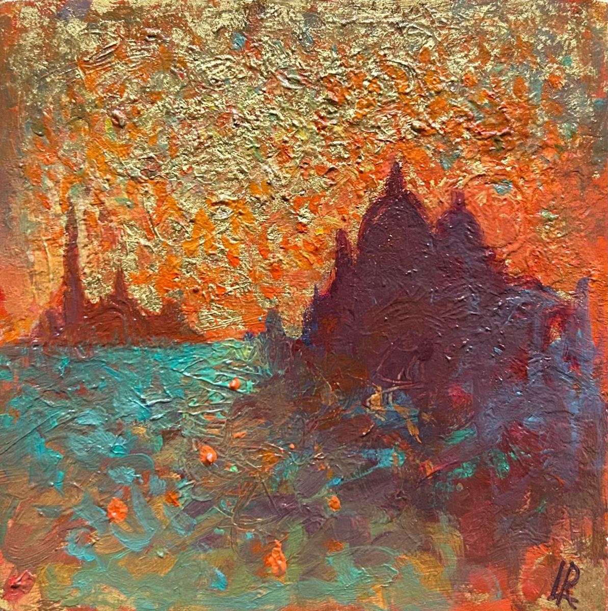 a painting of Venice with an orange sky