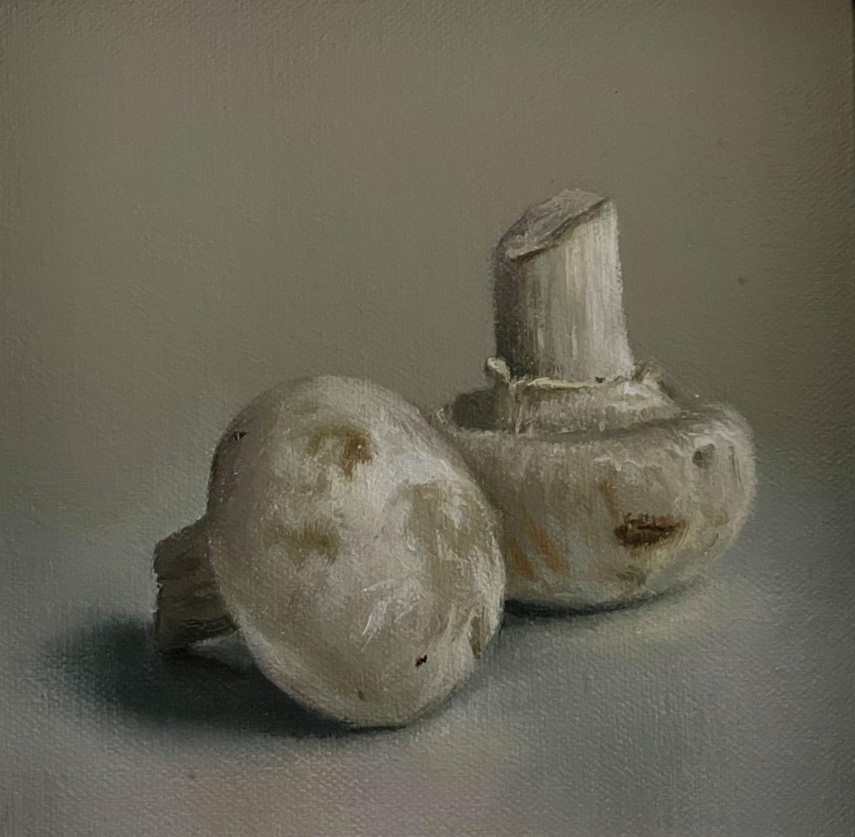 a small painting of two mushrooms
