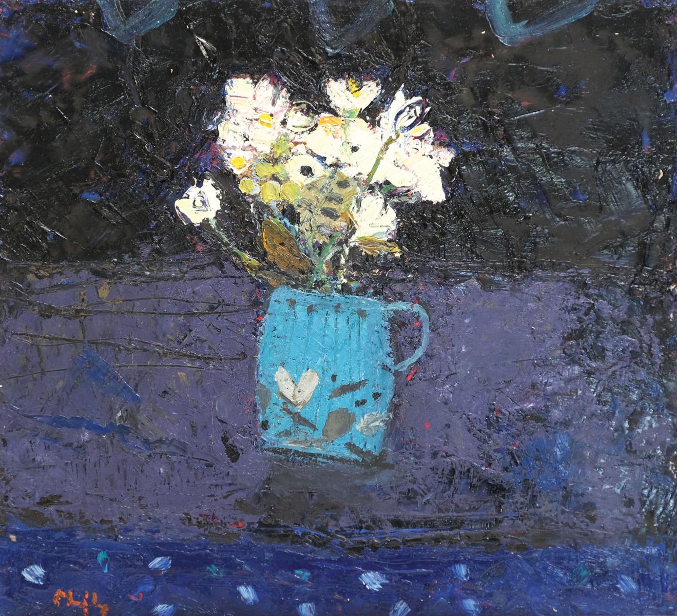 a painting of white flowers in a turquoise vase.
