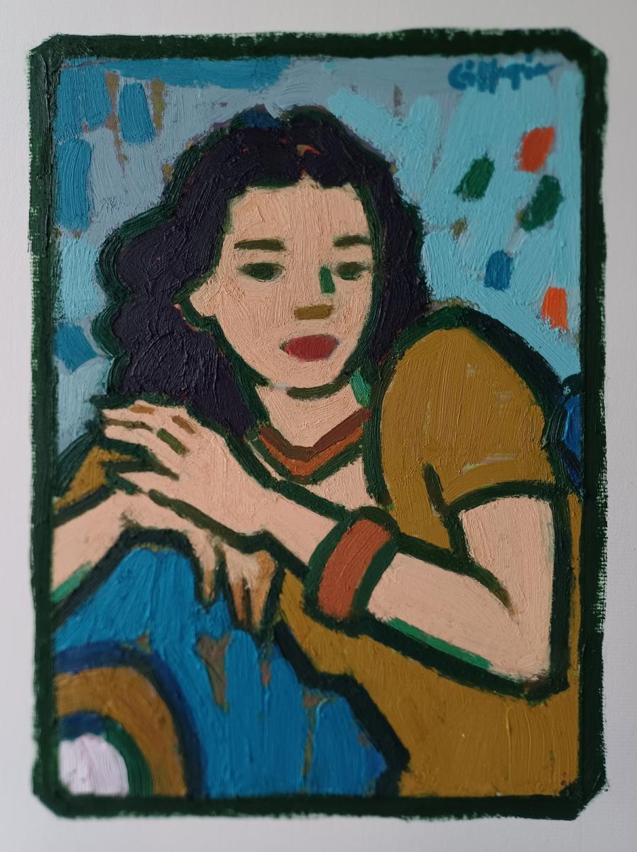 a painting of a young girl sitting