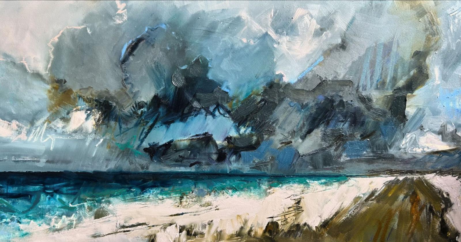 a landscape painting with a heavy sky