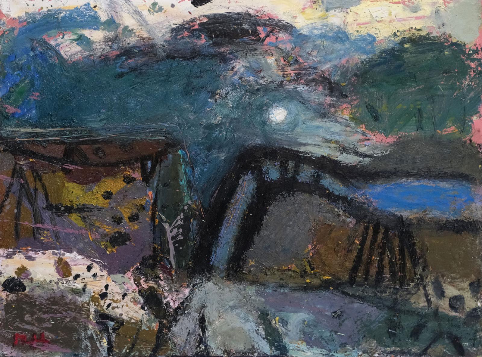 a dark semi abstract landscape painting.