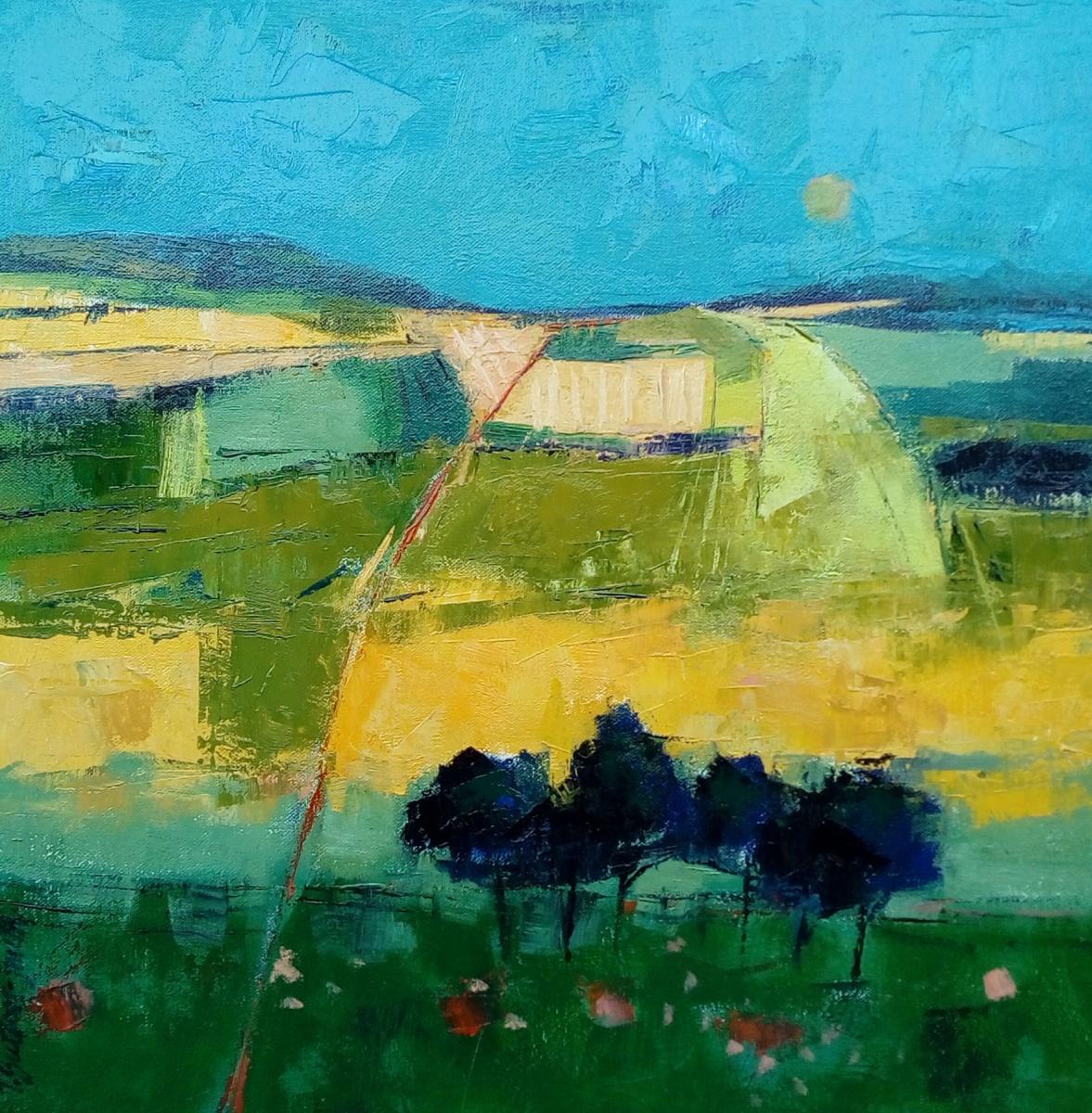 an oil painting of yellow fields trees and blue sky