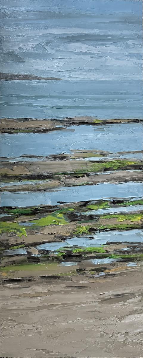 a tall thin painting of a coastline