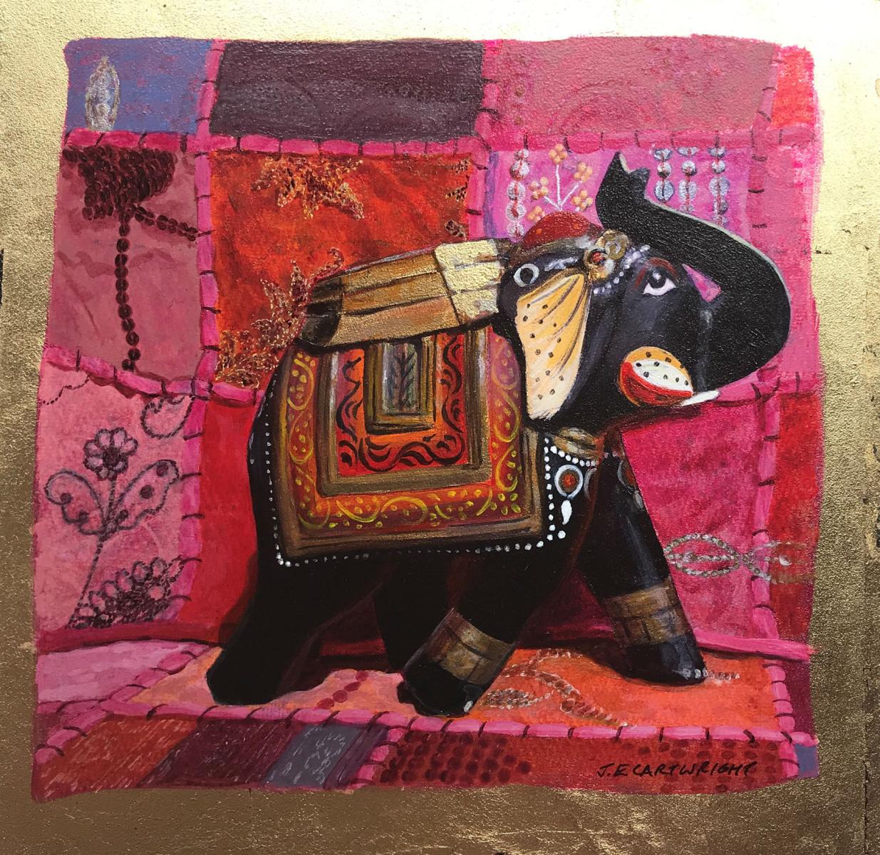 a painting of an elephant against a coloured background