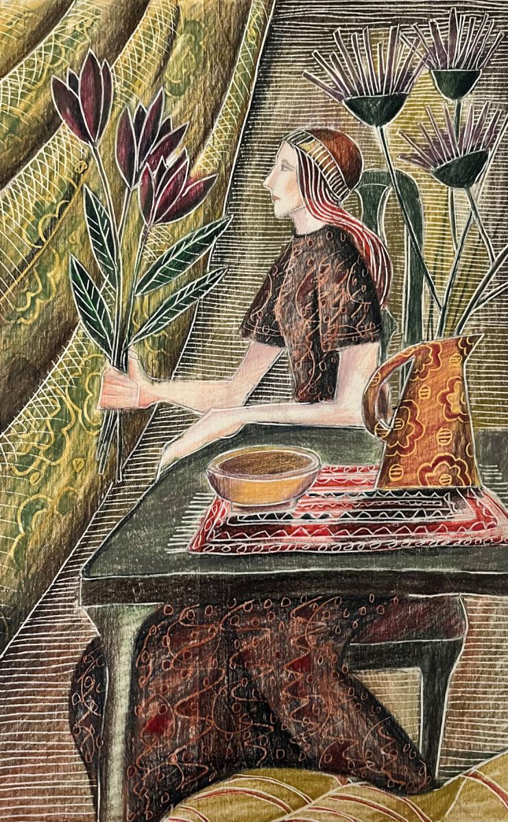 a coloured drawing of a lady Arranging flowers