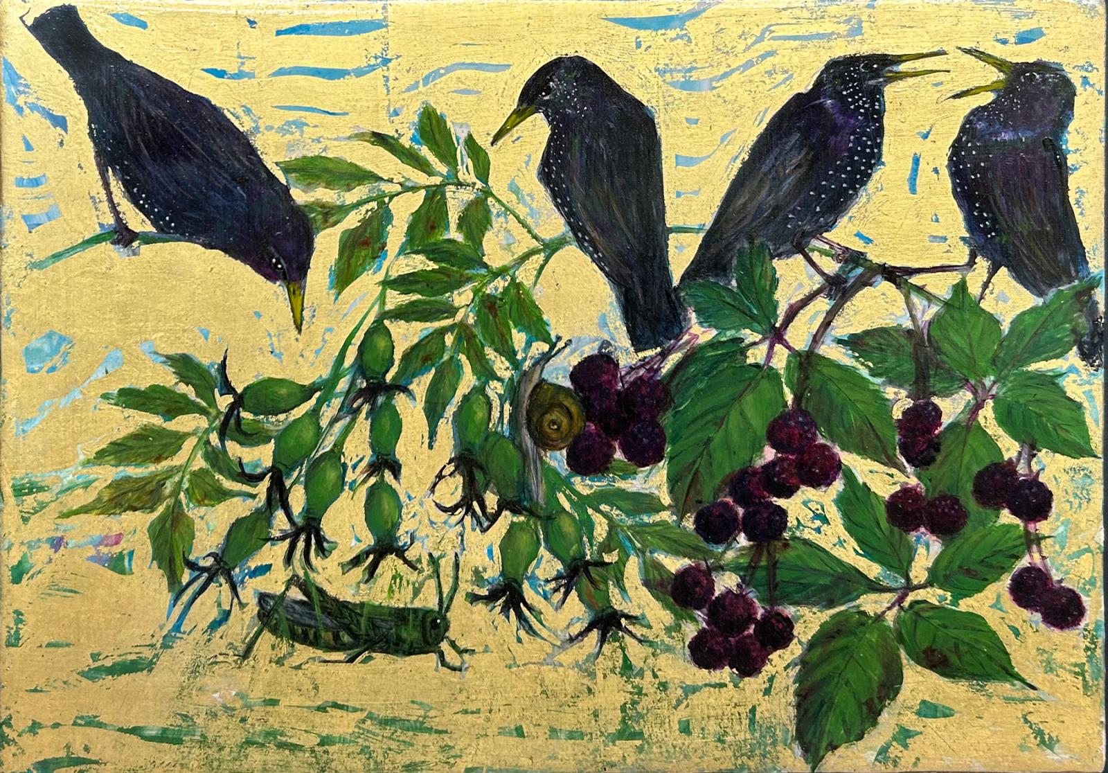 a painting of starlings on a branch against a gold background
