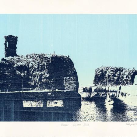 a coloured print of a harbour