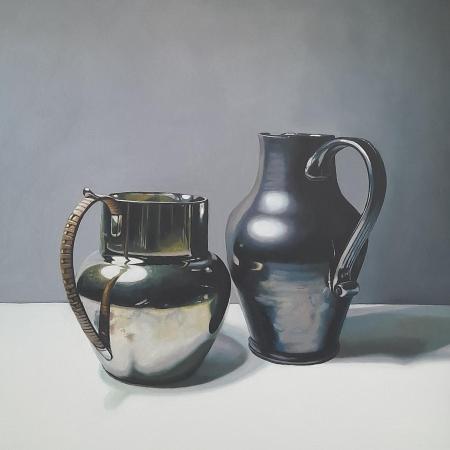 A painting of a silver jug and a pewter jug