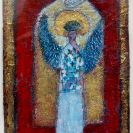 A small painting of an Angel with blue wings on gold leaf