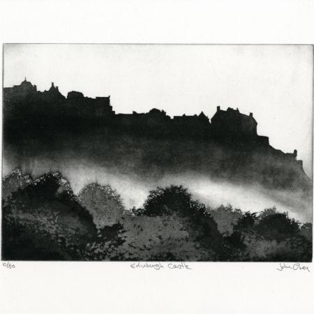 an etching of Edinburgh Castle in silhouette