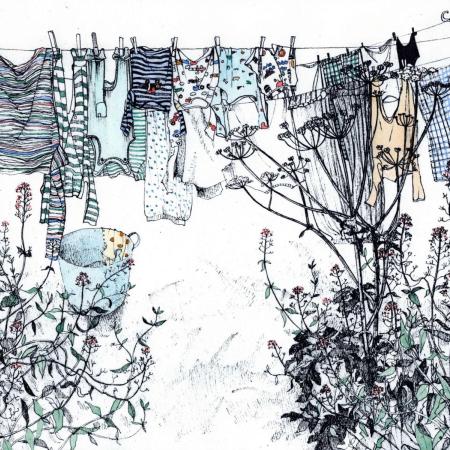 an etching of washing on a line