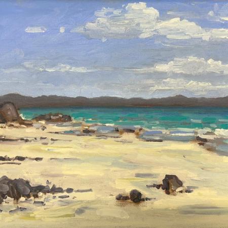 an oil painting of the beach looking over to iona