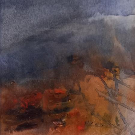 a small dark landscape painting with a dark sky