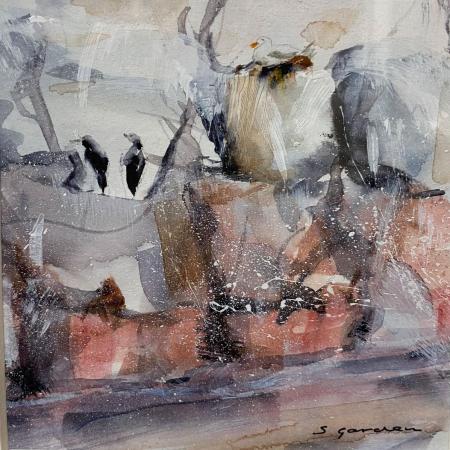 a painting of birds on a cliff face