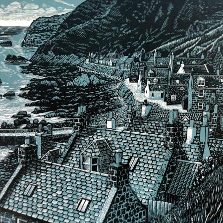 a lino print of rooftops in a bay