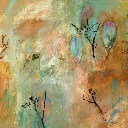 a painting of symbols of plants and leaves on an orange background