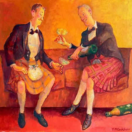 Two men and kilts sitting on a sofa drinking champagne