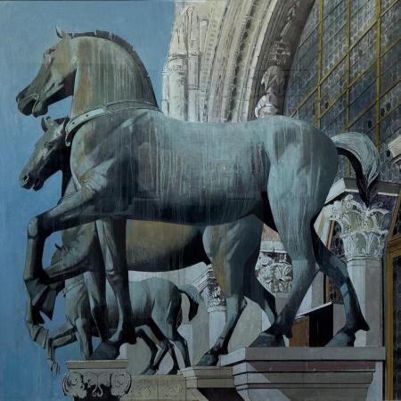 a painting of bronze horses