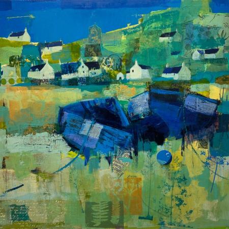 A painting of a beached boat amongst the grass