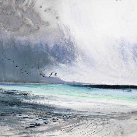 A painting of a beach with some water in the middle and dark heavy sky
