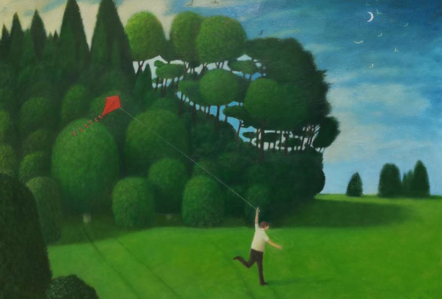 a painting of a boy flying a kite in a green landscape