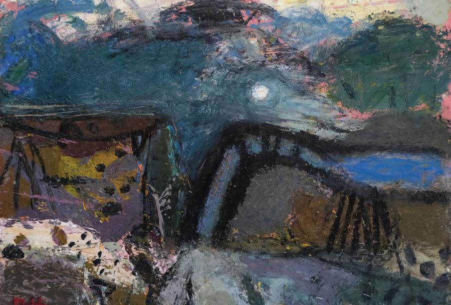 a dark semi abstract landscape painting.