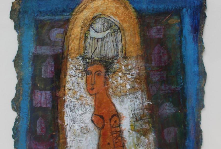 A small painting of a figure with the bird cage on its head