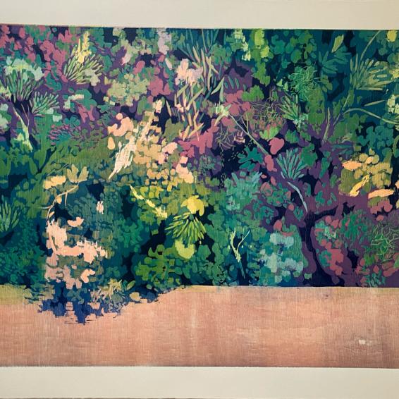 a colourful print of various plants in a border